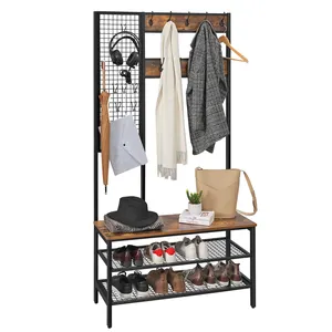VASAGLE Home Wooden Lots of Storage Large Coat Stand with Bench Shoe Rack for Hallway