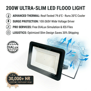 Reflector LED Delgado de 200W para Exteriores, <span class=keywords><strong>Luz</strong></span> de Seguridad de Aluminio, 20000LM, Amplio Rango de Voltaje, IP66, con Simulación DIALux Gratuita - Product Image 1