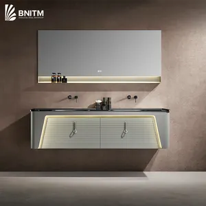 BNITM Italian Classical Luxury Double Basin Stainless Steel Bathroom Vanity Cabinet And LED Mirror For Hotel Home