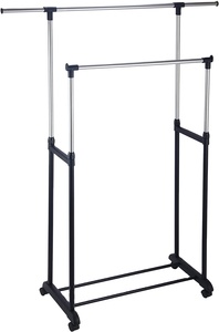 Séchoir <span class=keywords><strong>à</strong></span> linge <span class=keywords><strong>à</strong></span> double barre en métal noir, séchoir <span class=keywords><strong>à</strong></span> linge minimaliste <span class=keywords><strong>sur</strong></span> <span class=keywords><strong>roulettes</strong></span>, design élégant et gain de place pour la buanderie moderne - Product Image 2