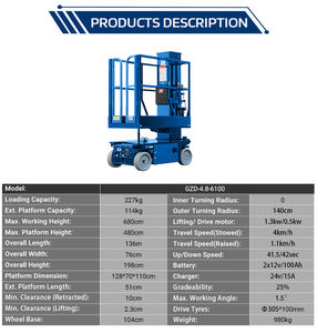 במת הרמה טלסקופית קלה GZD גובה 4.8 מטר, כושר נשיאה 227 ק\\\"ג, מנוע חשמלי 1.3 קילוואט, מעלית זרוע טלסקופית - Product Image 3