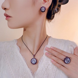 Fashion Eco-friendly Copper Bridal Jewellery Set 16-10mm Black Gold White Cubic Zirconia Vintage Wedding Pendant <b>Earrings</b> Set - Product Image 5