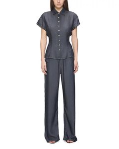 <span class=keywords><strong>Blusa</strong></span> de Mezclilla Tencel Azul Oscuro Vintage para Mujer, Cuello Camisero, Manga Corta, Corte Corsé, Abotonada, para Uso Diario Informal - Product Image 4