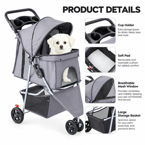 Poussette pliable pour animaux de compagnie, pliage à une main, légère, 3 roues, réglable, portable, pour chiens et chats, avec rangement - Product Image 5