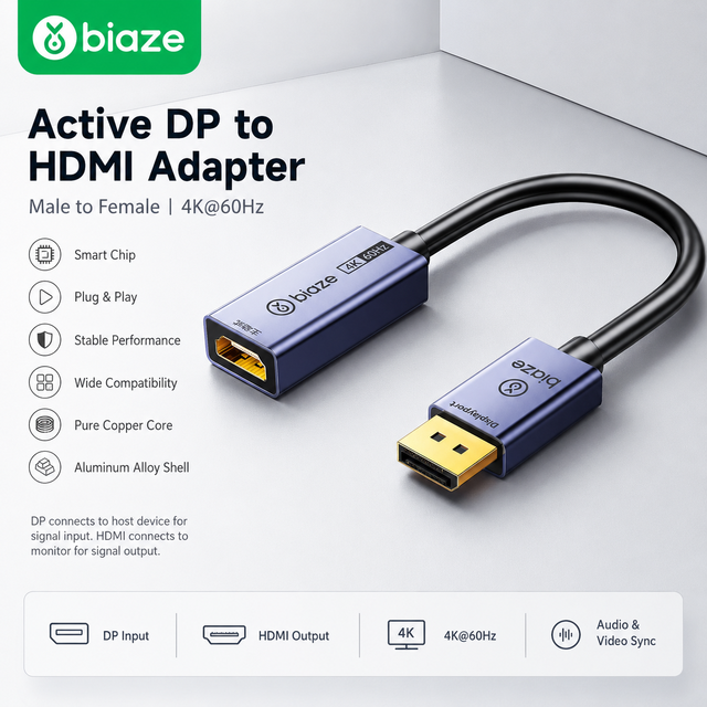 Biaze DP to HDMI Adapter 4K60Hz Active Male to HDMI Female Converter for PC Laptop Monitor TV Projector
