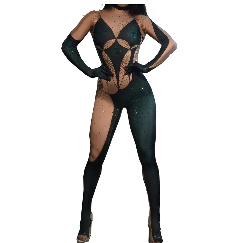 Grüne Strass steine Nude Jumps uit Sänger Tänzer Stretch Bodysuit Abend Geburtstag Kostüm Leggings