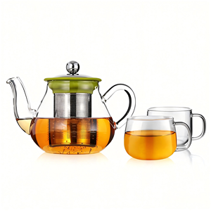 ชุดชาแก้ว LFGB ปลอดสาร BPA พร้อมกาน้ำชาสแตนเลสพร้อมฝาปิด ฐานอุ่น และถาด - Product Image 1