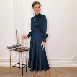 2022 Spring Summer Satin Slim Long Sleeve Cocktail Elegant Navy Blue Long Dresses Women