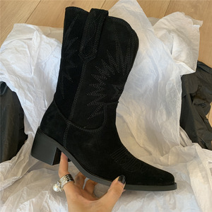 Stivali da Cowboy Occidentali da <span class=keywords><strong>Donna</strong></span>, Stivali in Camoscio Ricamati con <span class=keywords><strong>Tacco</strong></span> Grosso, Stivali da Equitazione Retrò 2025 - Product Image 3