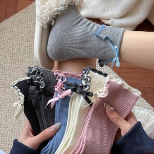 2025 Jingwen ถุงเท้าผูกโบว์สำหรับผู้หญิงถุงเท้าแบบเย็บปักสองชั้นป้องกันการเย็บปักถุงเท้าหุ้มข้อครึ่งน่องถุงเท้าซ้อนสีทึบ - Product Image 5