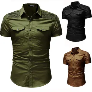 2023 New pleated stitching men's denim shirt fashion short sleeve shirt for men
