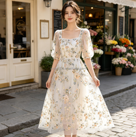 Tulle brodé de petites fleurs et de sequins style forêt, 3 couleurs, pour Qipao, Hanfu, robe de soirée