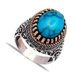 Authentic Silver 925 Men's Ring with Luxury Ottoman Style Oval Turquoise Gemstone Diamond Gold Main Material Wholesale Jewelry