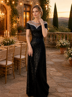 Robe de soirée noire à sequins, col illusion, garniture en perles et cristaux, manches courtes, coupe trapèze, longueur ras du sol, robe de soirée formelle, vente en gros