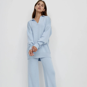 50% de descuento, venta al por mayor, conjuntos de punto, suéter de invierno, cuello Polo, jersey de lana de punto, pierna ancha, largo, dos piezas, conjuntos de suéter de Invierno para mujer - Product Image 3
