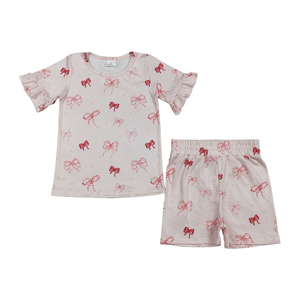 Trendyism Boutique 2026 Envío Inmediato Ropa de Verano Casual para Niñas Pequeñas, Suave y Elástica de Poliéster, con Estampado de Lazo Rosa y Manga Corta - Product Image 1