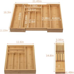 Bamboo Cutlery <b>Box</b> With Knife Holder Expandable <b>Storage</b> Drawer Organizer For <b>Kitchen</b> Cabinet - Product Image 2