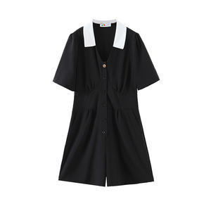 Lingchen Mono negro de manga corta para mujer, cintura alta, cuello en V, uso diario N8092 - Product Image 1