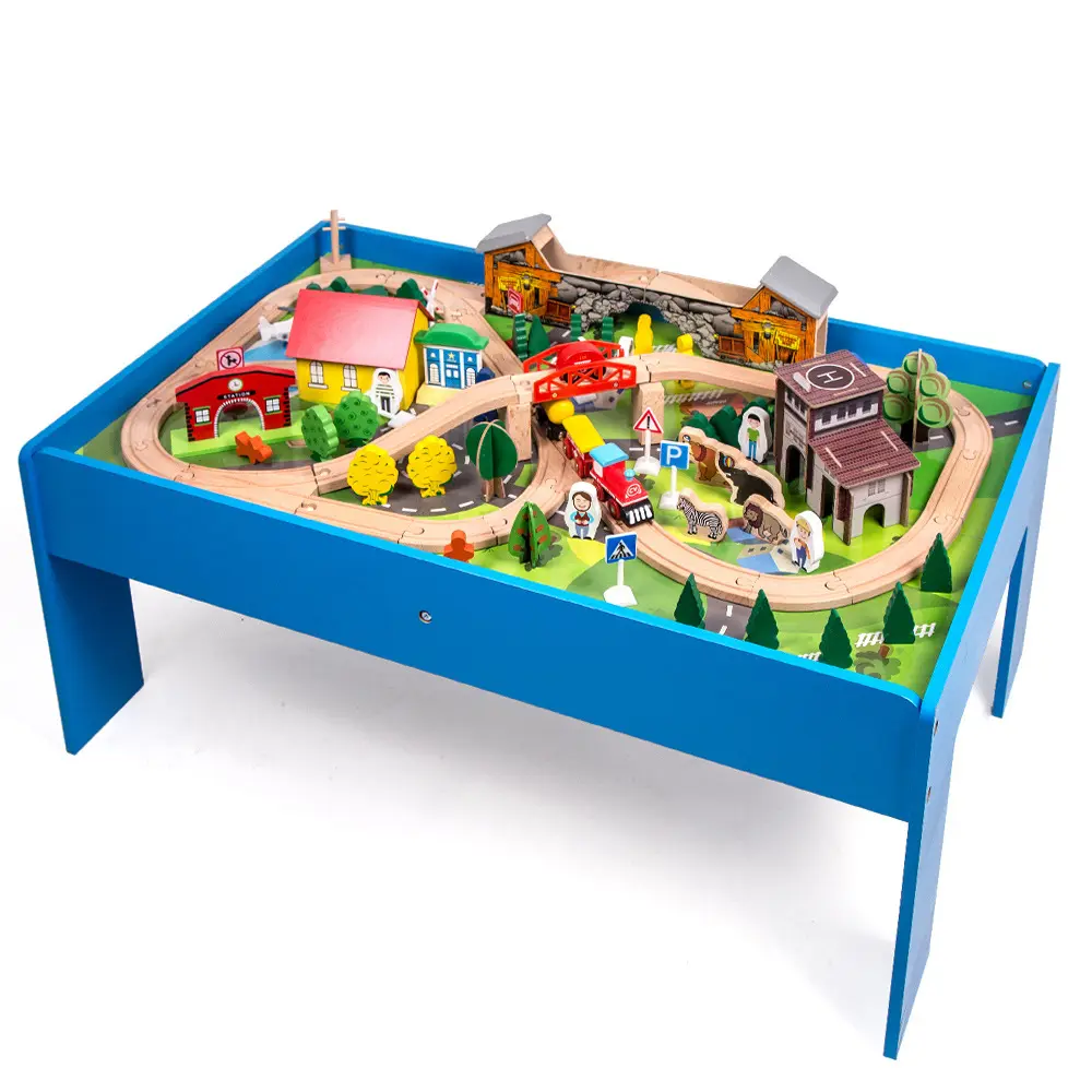 Set mainan kereta api untuk anak-anak, Set mainan kereta kayu 108 buah, adegan simulasi anak
