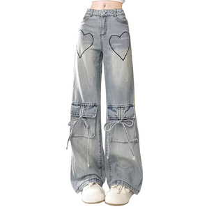 Nuovo stile coreano estivo Jeans Multi tasca a gamba dritta per le donne a vita alta a gamba larga stile <span class=keywords><strong>Cargo</strong></span> largo e confortevole - Product Image 2