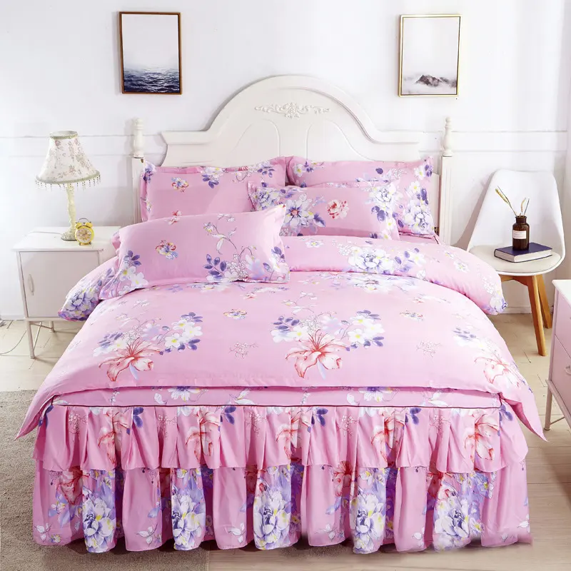 Luxurious Floral Printed Bed Skirt 100% Polyester King Size 4Pcs Duvet Cover Set Fitted Bed Sheet