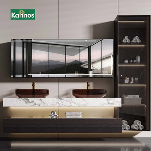 Meubles-lavabos de salle de bain de luxe en bois foncé avec dessus en marbre, miroir LED anti-buée et tiroirs à fermeture douce - Product Image 1