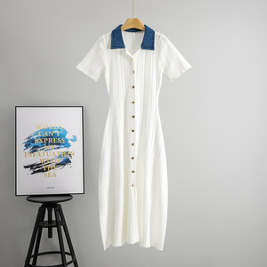 Vestido Midi de Punto de Manga Corta con Cuello Vaquero, Cuello en V, Color Sólido, Elegante y Casual para Mujer - Product Image 3