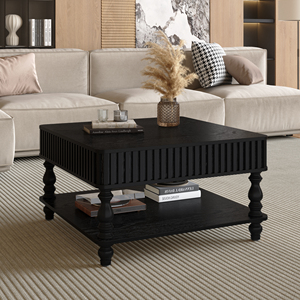 31.5 Inch <b>Square</b> Fluted Lift Top <b>Coffee</b> <b>Table</b> <b>With</b> Hidden <b>Storage</b> Hydraulic Raising Mechanism Retro Solid Wood Legs - Product Image 2