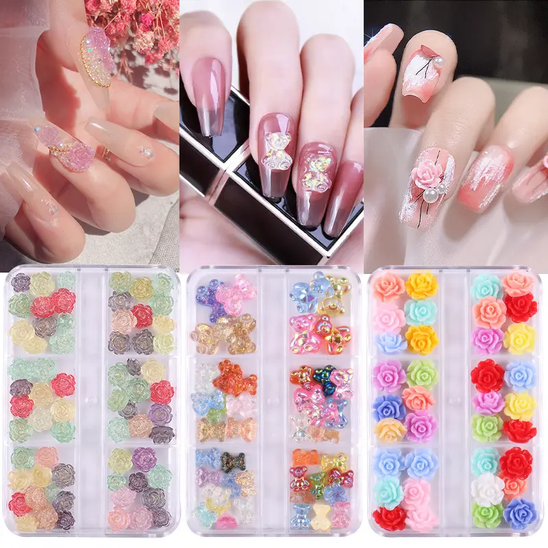 A82 Colorful Flower 3D Nail Art Charms Kit Aurora Bear Heart Resin Manicure Jewelry Accessories For Nail Art Decoration