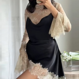 เดรสลูกไม้ปะติดปะต่อสำหรับผู้หญิง แขนยาวผ้าบาง แต่งระบายทรงเอไลน์ ชุดเดรสออกงานหรูหราทันสมัย - Product Image 2