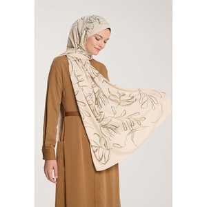 Pure Tone Beige & Green Leaf Pattern Scarf <b>Hat</b> & Glove Set - Product Image 3