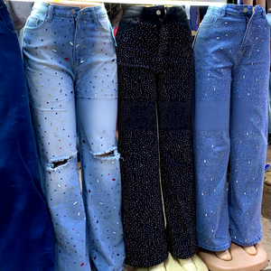 <span class=keywords><strong>Jeans</strong></span> Cargo da <span class=keywords><strong>Donna</strong></span> a Vita Alta, Vestibilità Larga, Estivi, in <span class=keywords><strong>Denim</strong></span>, Stile Boyfriend con Strass - Commercio Estero, Vendita all'Ingrosso - Product Image 3