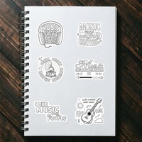 50 autocollants décoratifs en vinyle imperméables sur le thème de la musique, noir et blanc, dessins animés