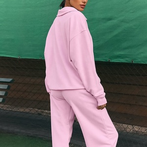 بدلة رياضية قصيرة بدلة رياضية للنساء ليلة من قطعتين وردي Collared طقم بنطال رياضي فضفاض بأكمام طويلة - Product Image 3