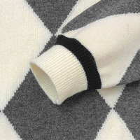 Pull en tricot pour femme, col en V, motif Argyle noir et blanc, jacquard, avec nœud et perles décoratives, épaules tombantes, manches longues, coupe ample