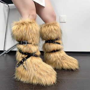 מגפי חורף-סתיו לנשים מונגוליות, מגפיים עד הברך, עם סוליה שטוחה ועגולה, משלוח מהיר מהמפעל, פרווה סינתטית דמוי דביבון, מגפי שלג לנשים - Product Image 4