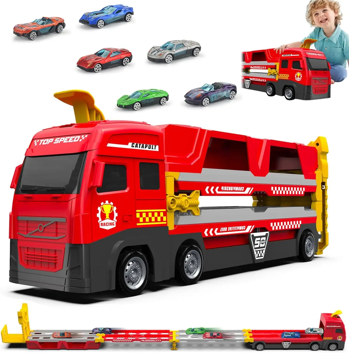 EPT Plastique Transport Voiture Transporteur Camion Jouets Mega Hauler Camion avec éjection Piste de course