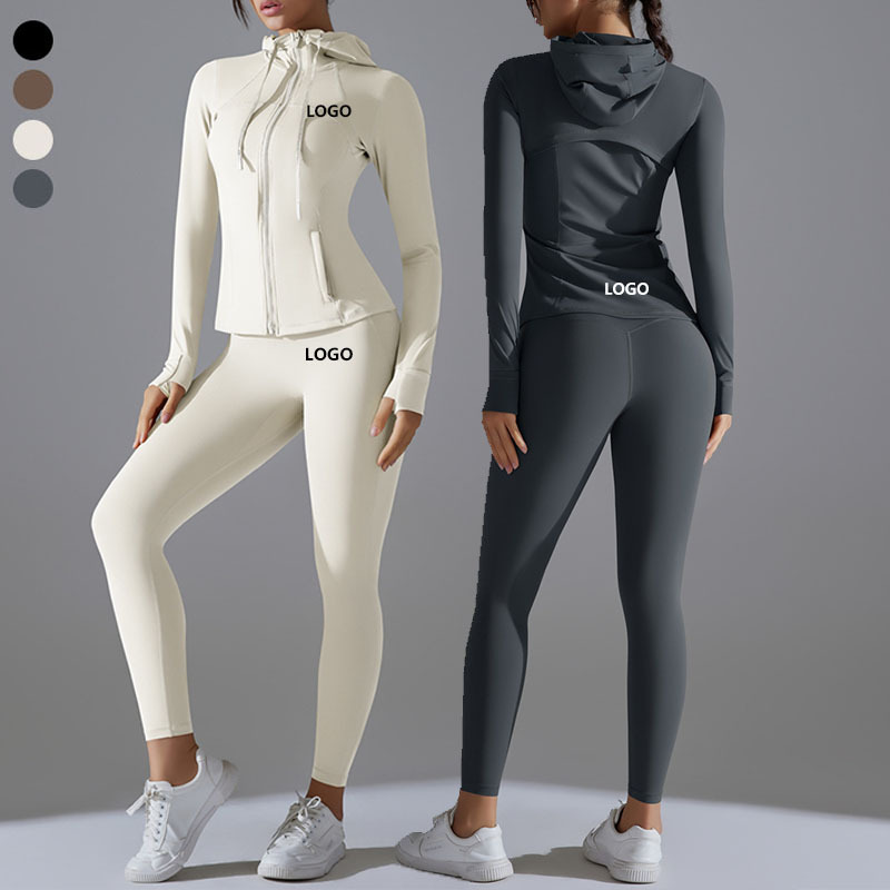 High Waist Fitness Hooded Sports Jacket Pocket Yoga Leggings Push up Gym Workout Two Piece Set Women Clothing