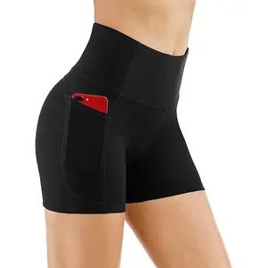 Kadın spor şort yüksek bel kaldırma Push Up sıkı bisiklet spor tayt + telefon cebi koşu koşu spor kısa pantolon