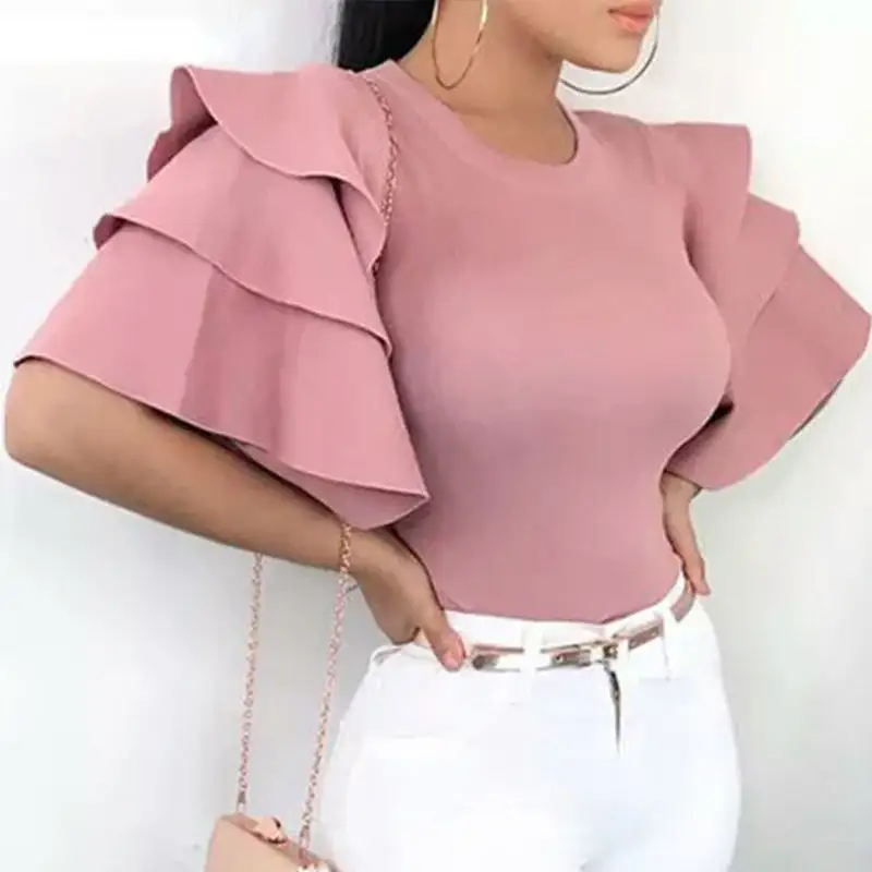 Summer Fashion Womens Casual Tops Clothing Pink Short Sleeve Crew Neck T-Shirt Ladies Women Casual Solid women blouses 2022