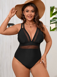 Stock Effen Doorschijnende Mesh Insert Vrouwen Eendelige Badmode Kruisbanden Rug Plus Size Badpak Bescheiden Dekking Badpakken L-5XL - Product Image 6