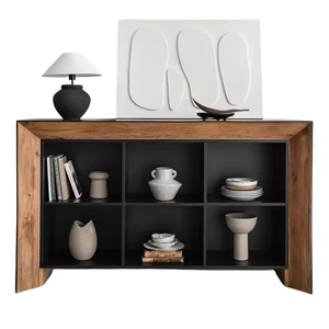 Buffet moderne en bois de pin recyclé, finition naturelle et noire, meuble de rangement en bois pour salon et salle à manger - Product Image 3