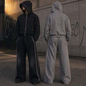 Custom Logo Rhinestone Hoodie and Sweatpants <b>Set</b> Screen Print Acid Wash Vintage Distressed Zip up <b>Men's</b> Two Pieces <b>Set</b> - Product Image 4