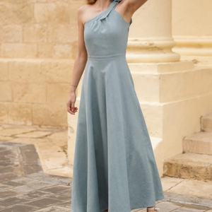 Nouvelle Arrivée Robe Élégante Personnalisable avec Logo, Décontractée, Asymétrique à Une Épaule, Sans Manches, Enroulée, Modeste, en Lin et Coton pour Femme - Product Image 1