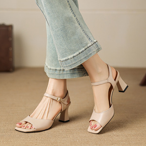 2026 Simple Elegant Nude Cow Leather Sandals Women Square Open Toe Block Heel One <b>Strap</b> <b>Buckle</b> Leather Shoes Up To Size 42 - Product Image 4
