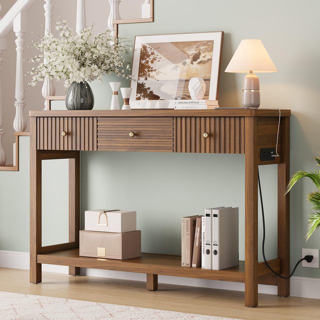 Mid Century Fluted Console Table with Charging Station and 3 Drawers, Sofa Table with USB-C Port for Entryway Living Room