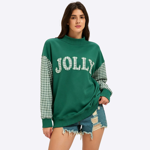 Custom <strong>Women's</strong> <strong>Christmas</strong> Mock Neck Patchwork Gingham Sleeve Gingham Letter Applique Loose Drop Shoulder <strong>Sweatshirt</strong> Manufacturer - Product Image 2