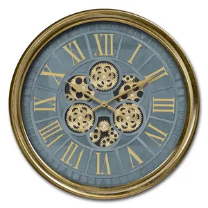 Vente chaude grande horloge murale ronde en métal de conception de ferme avec des chiffres arabes et de vrais engrenages rotatifs pour la décoration intérieure