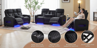 Ensemble de canapés inclinables de cinéma électrique avec massage, en cuir véritable, design moderne, chargeur sans fil, lumières LED pour usage en centre commercial et hôtel