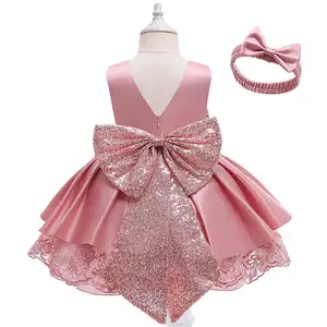 Baby Girls Big Bow Kleid Pailletten Schleifen Bestickt Formale Geburtstag Taufe Party Kleid mit kostenlosen Kopf bedeckungen